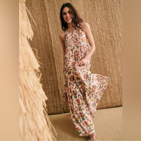 Sezane Dolce Dress Maxi Villa Print Tree of Life Floral Bird Ecru Size 44 US 12 - Picture 11 of 11